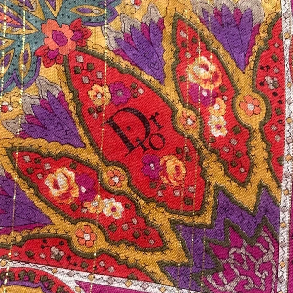 VTG DIOR Scarf Handkerchief Floral Paisley Metallic Stripe Cotton Pink Cream 20